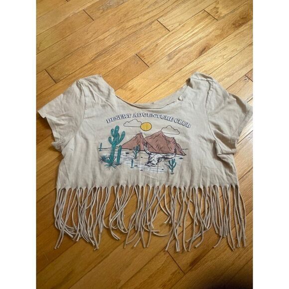 Vintage boho Style Desert Adventure Club graphic Fringe Crop Top t-shirt large - Picture 1 of 7